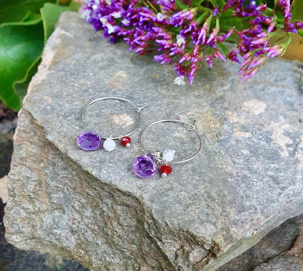 Gemstone Cluster  Earrings, Birthstone Hoops In Sterling Silver