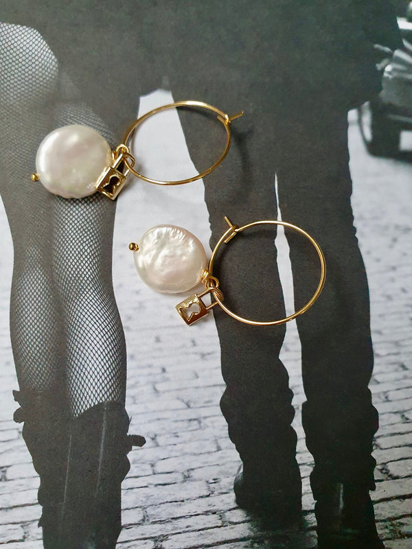 Coin Pearl And Padlock Hoop Earrings, Symbolic, June Birthstone Jewellery