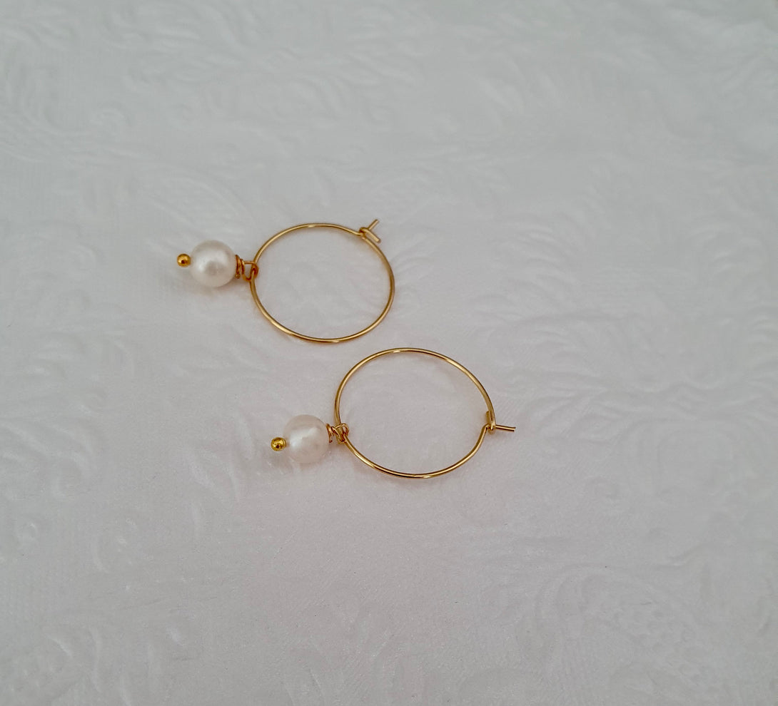 Minimalist Gold Pearl Hoops, Minimalist June Birthstone Jewellery