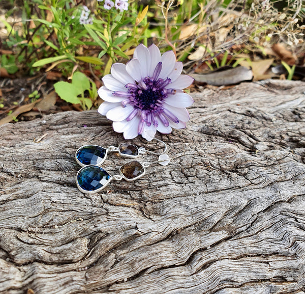 Sterling Silver Iolite and Smoky Quartz Gemstone Drop Earrings, Birthstone Jewellery