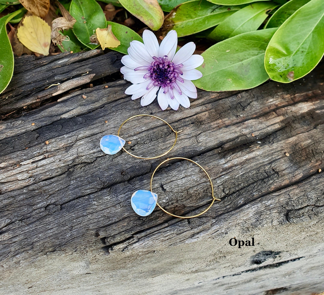 Clear Quartz Crystal Or Opal Hoop Earrings, April And October Birthstone Jewellery