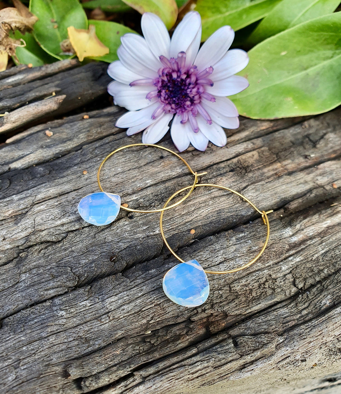 Clear Quartz Crystal Or Opal Hoop Earrings, April And October Birthstone Jewellery