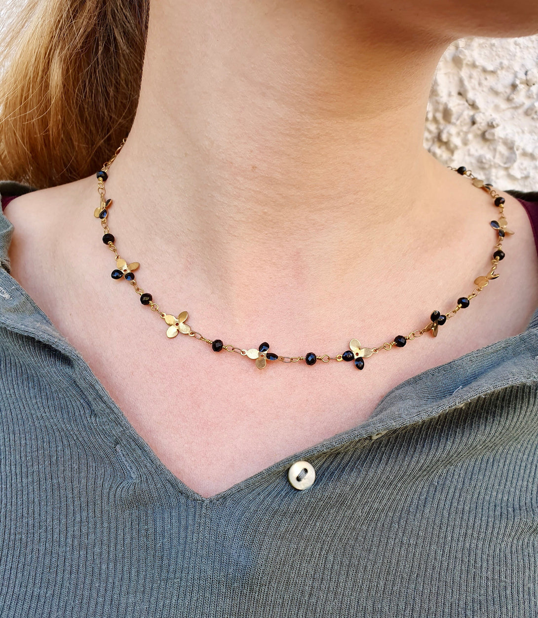 Onyx And Black Enamel Flower Necklace, Handmade December Birthstone Jewellery