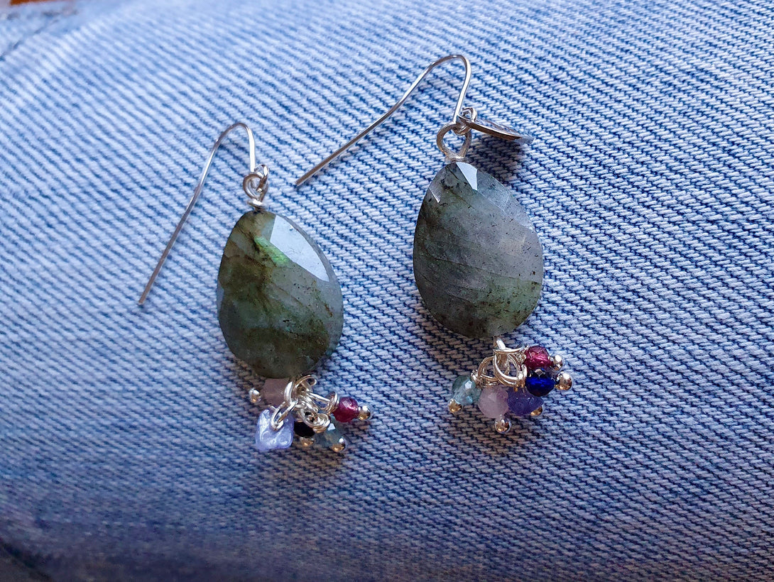 Labradorite Gemstone Cluster Earrings, Protective, Crystals That Heal