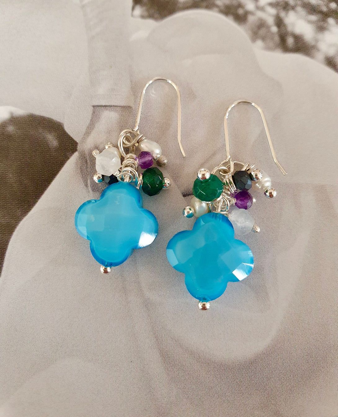 Turquoise Four Leaf Clover Gemstone Cluster Earrings