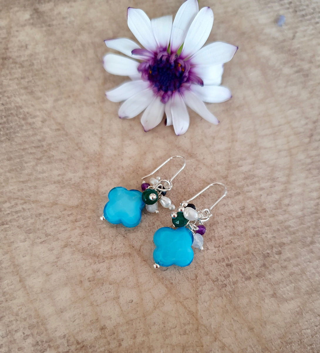 Turquoise Four Leaf Clover Gemstone Cluster Earrings