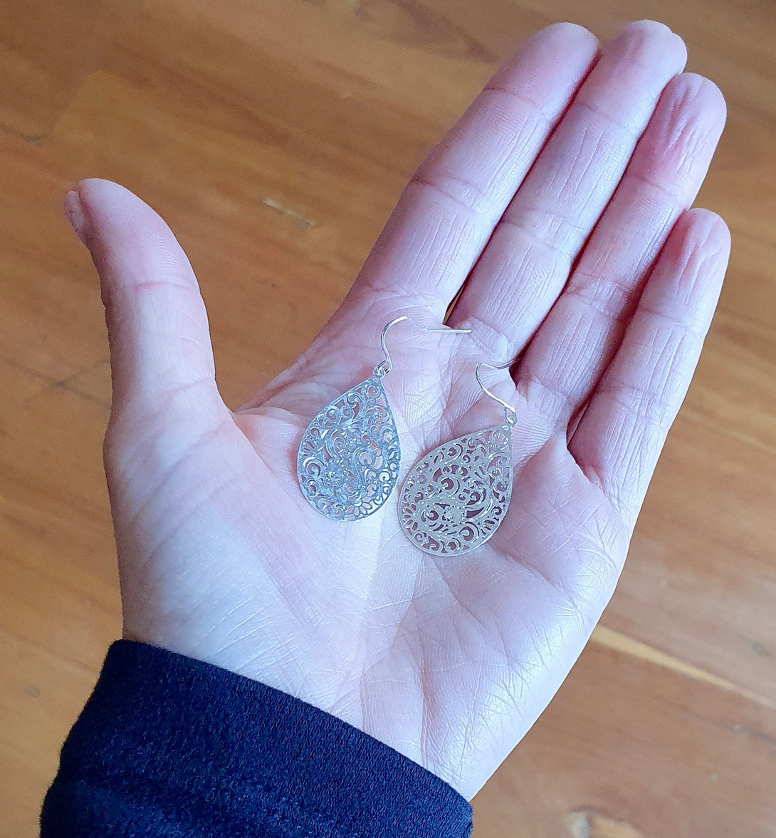 Filigree Floral Drop Earrings, Light, Delicate Hammered Metal