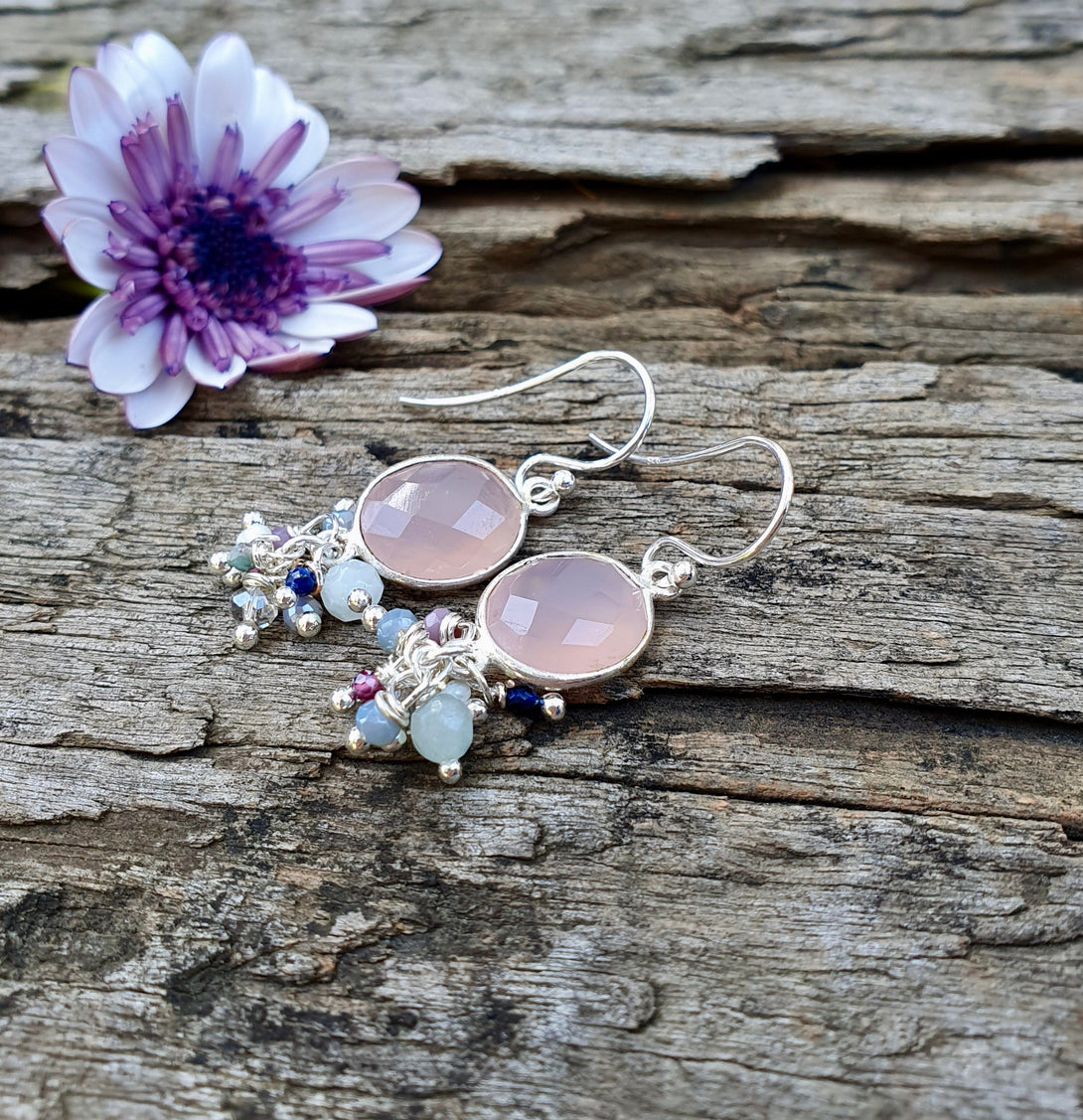 Rose Quartz Gemstone Cluster Earrings, October Birthstone Jewellery