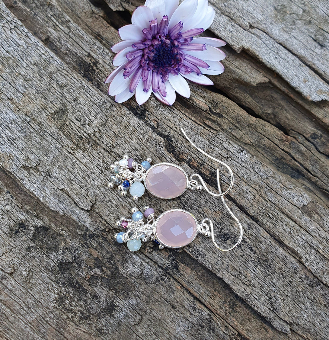 Rose Quartz Gemstone Cluster Earrings, October Birthstone Jewellery