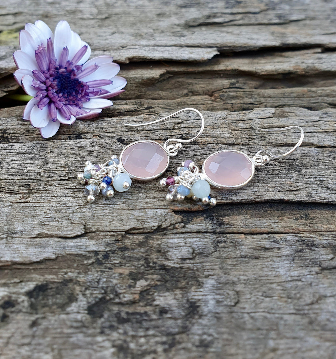 Rose Quartz Gemstone Cluster Earrings, October Birthstone Jewellery