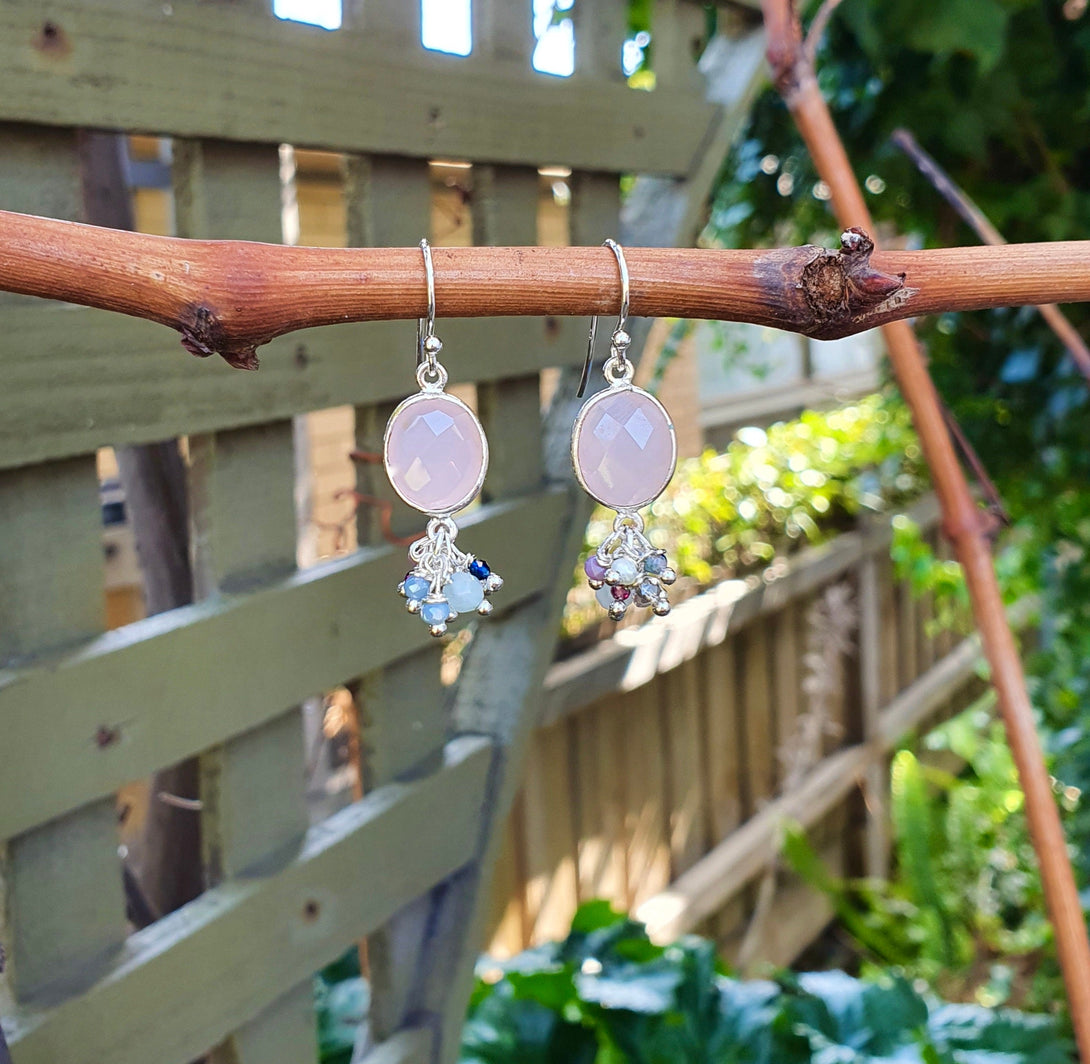 Rose Quartz Gemstone Cluster Earrings, October Birthstone Jewellery