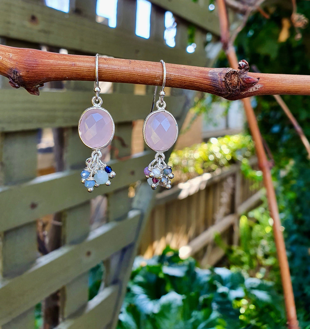 Rose Quartz Gemstone Cluster Earrings, October Birthstone Jewellery