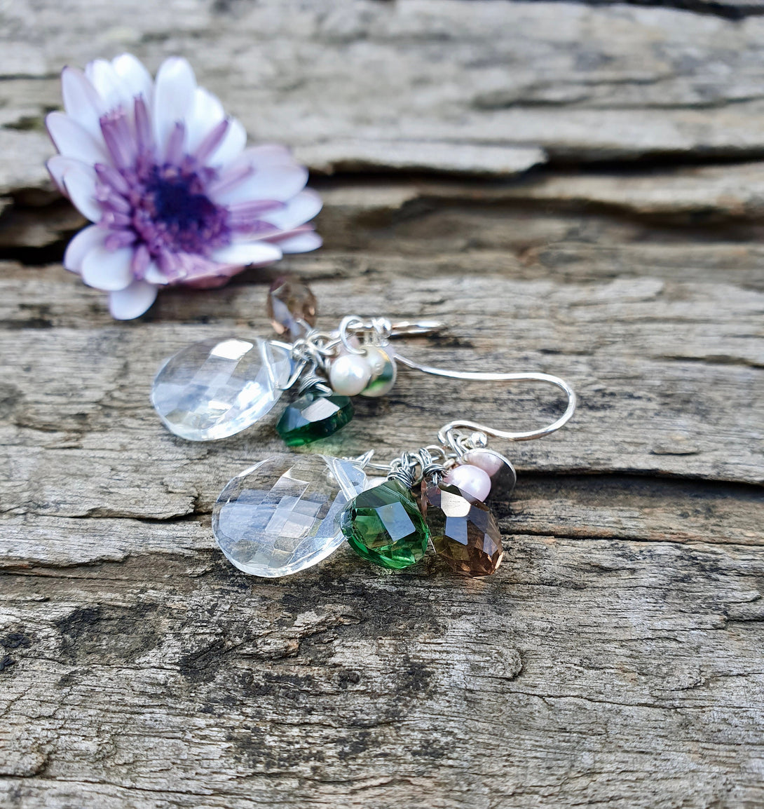 Sterling Silver Crystal Cluster Earrings, Wire Wrap Jewellery