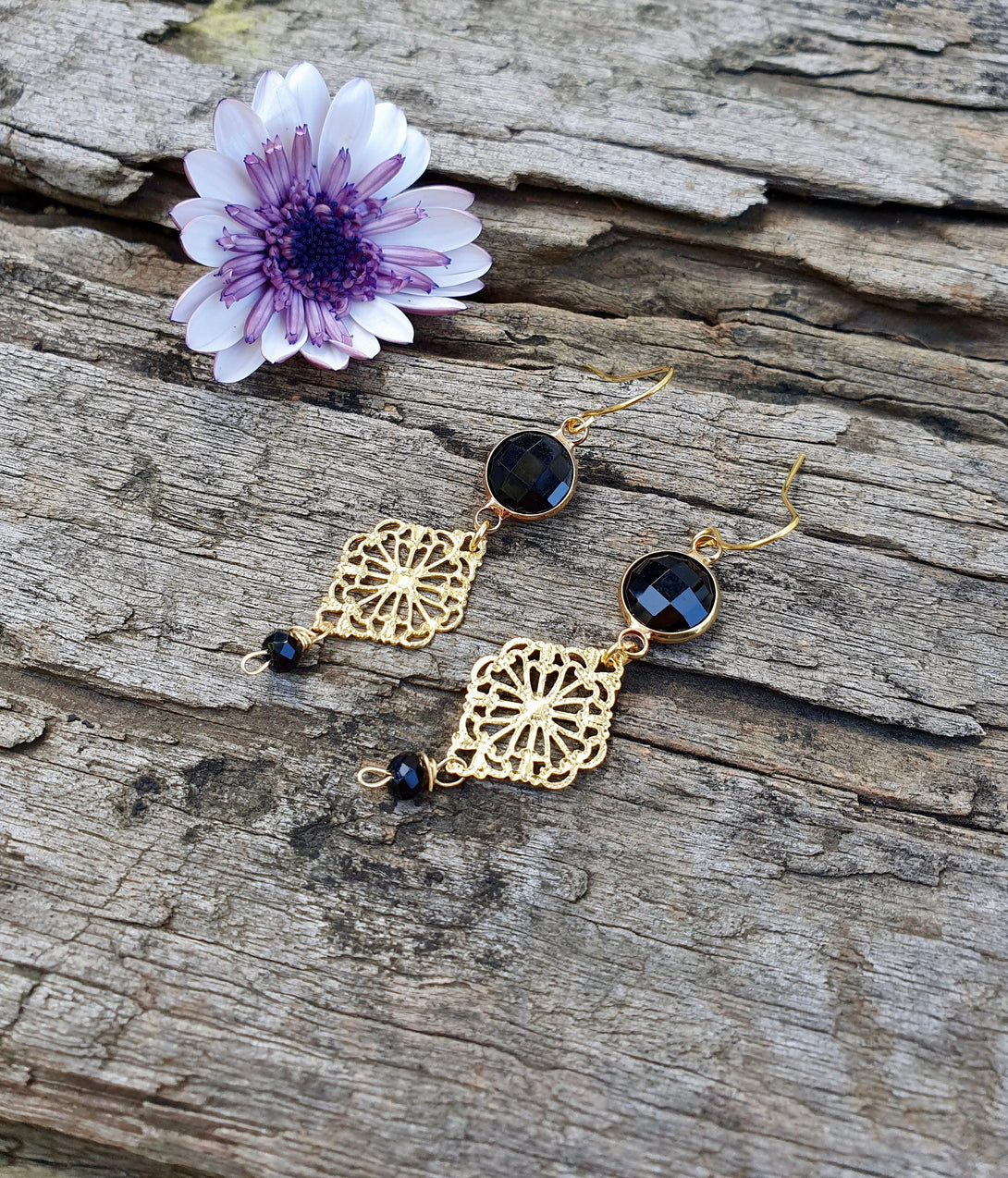 Gold Onyx Drop Earrings, Crystals That Heal, Birthstone Jewellery