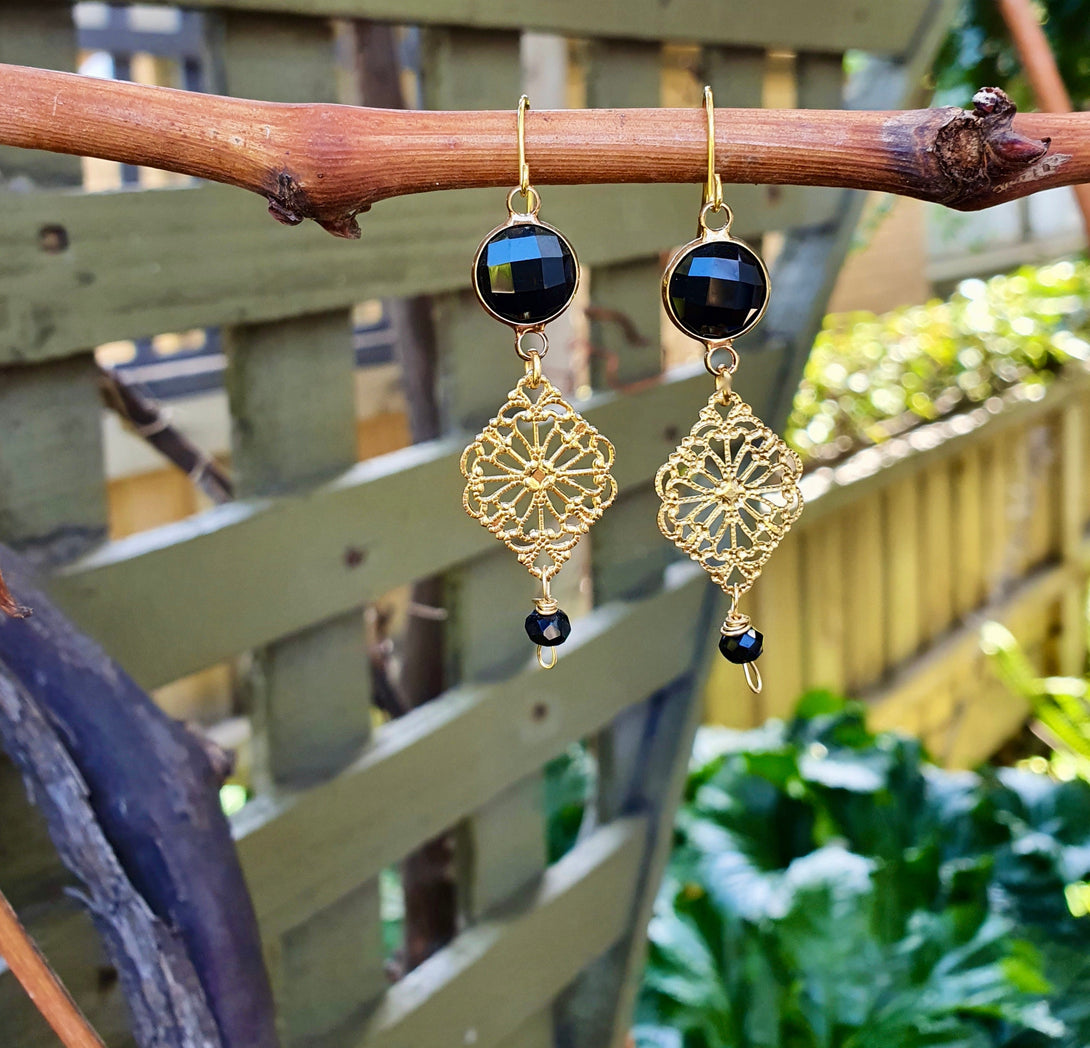 Gold Onyx Drop Earrings, Crystals That Heal, Birthstone Jewellery