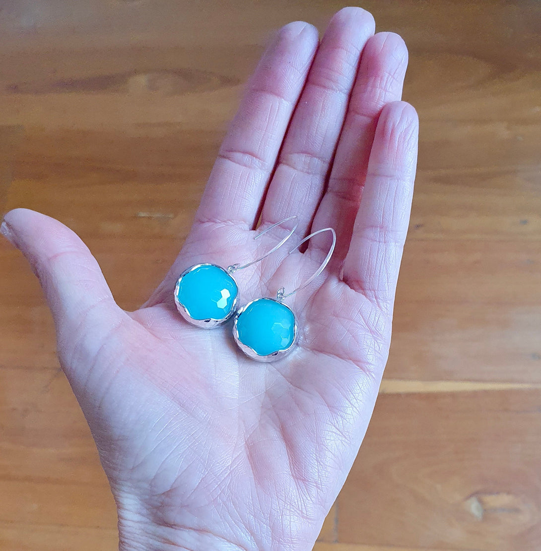 Checker Board Cut Turquoise Drop Earrings In Sterling Silver