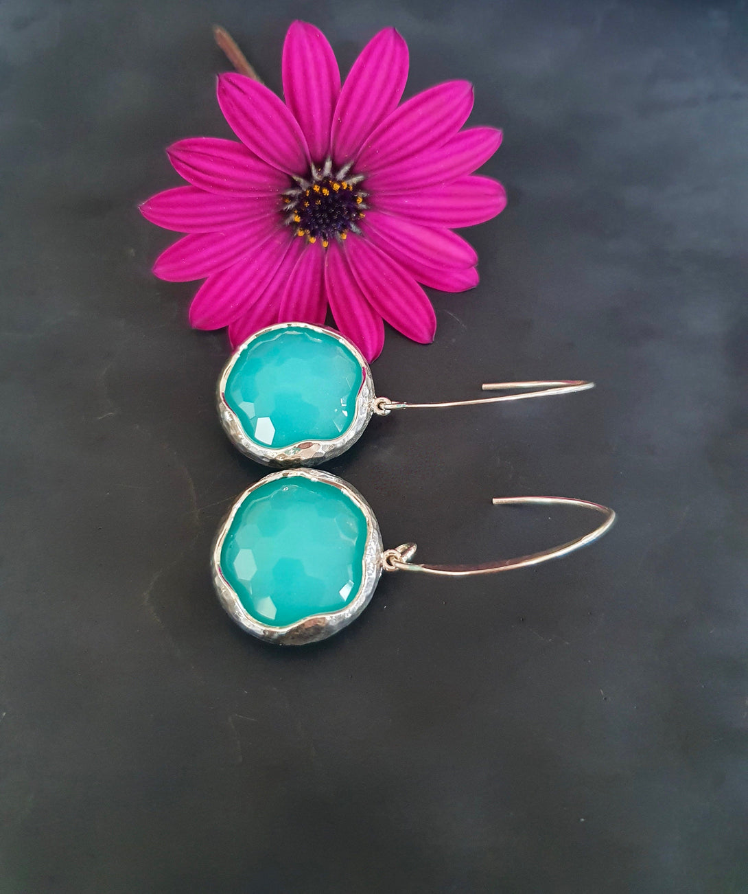 Checker Board Cut Turquoise Drop Earrings In Sterling Silver