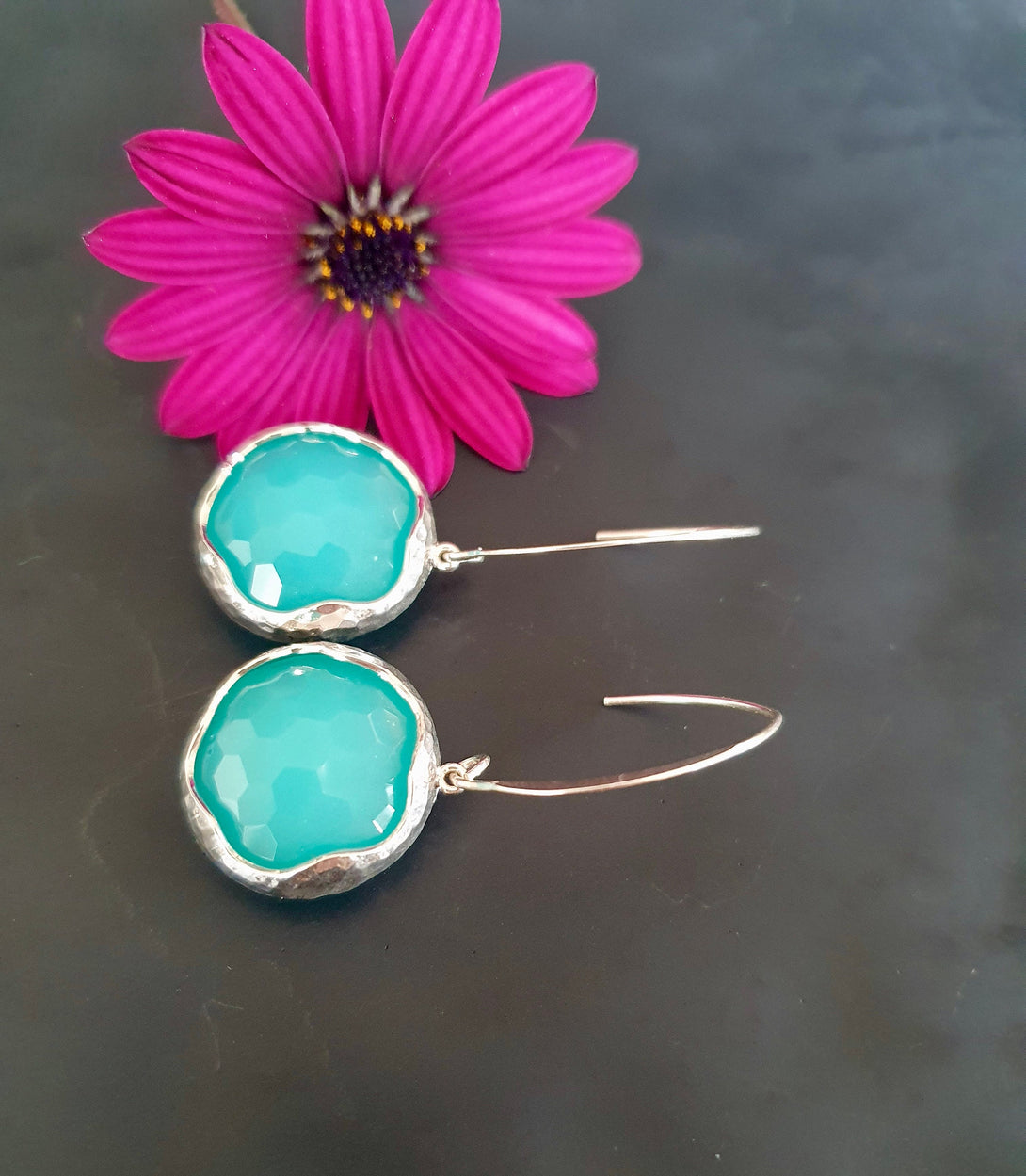 Checker Board Cut Turquoise Drop Earrings In Sterling Silver