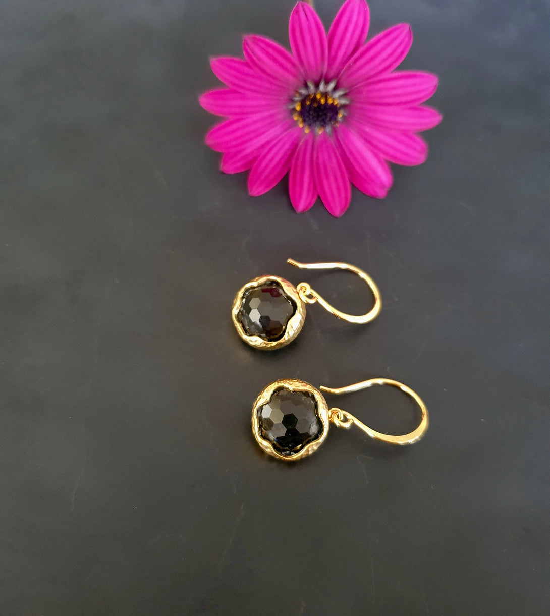 Gold Charcoal, Checker Board, Bezel Set Earrings