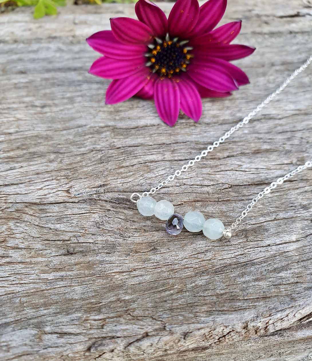 Aquamarine And Iolite Dainty Bar Necklace, March Birthstone Jewellery