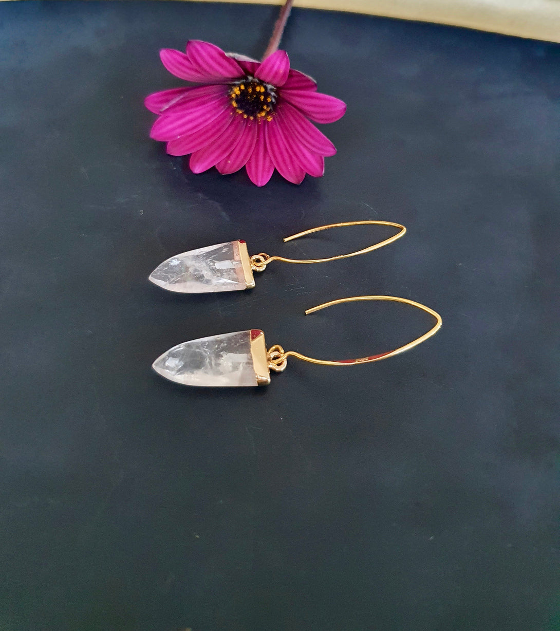 Clear Quartz Arrow Point Drop Earrings In Gold