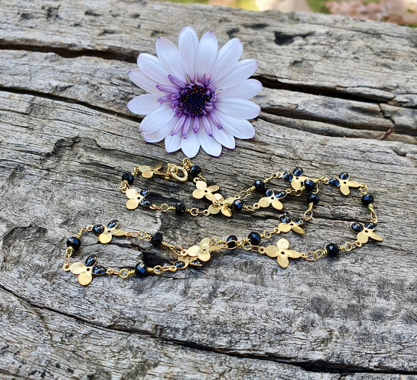 Onyx And Black Enamel Flower Necklace, Handmade December Birthstone Jewellery