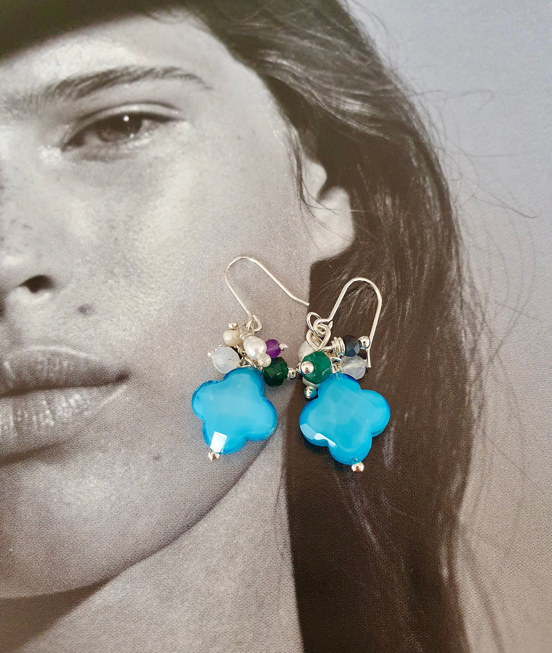 Turquoise Four Leaf Clover Gemstone Cluster Earrings