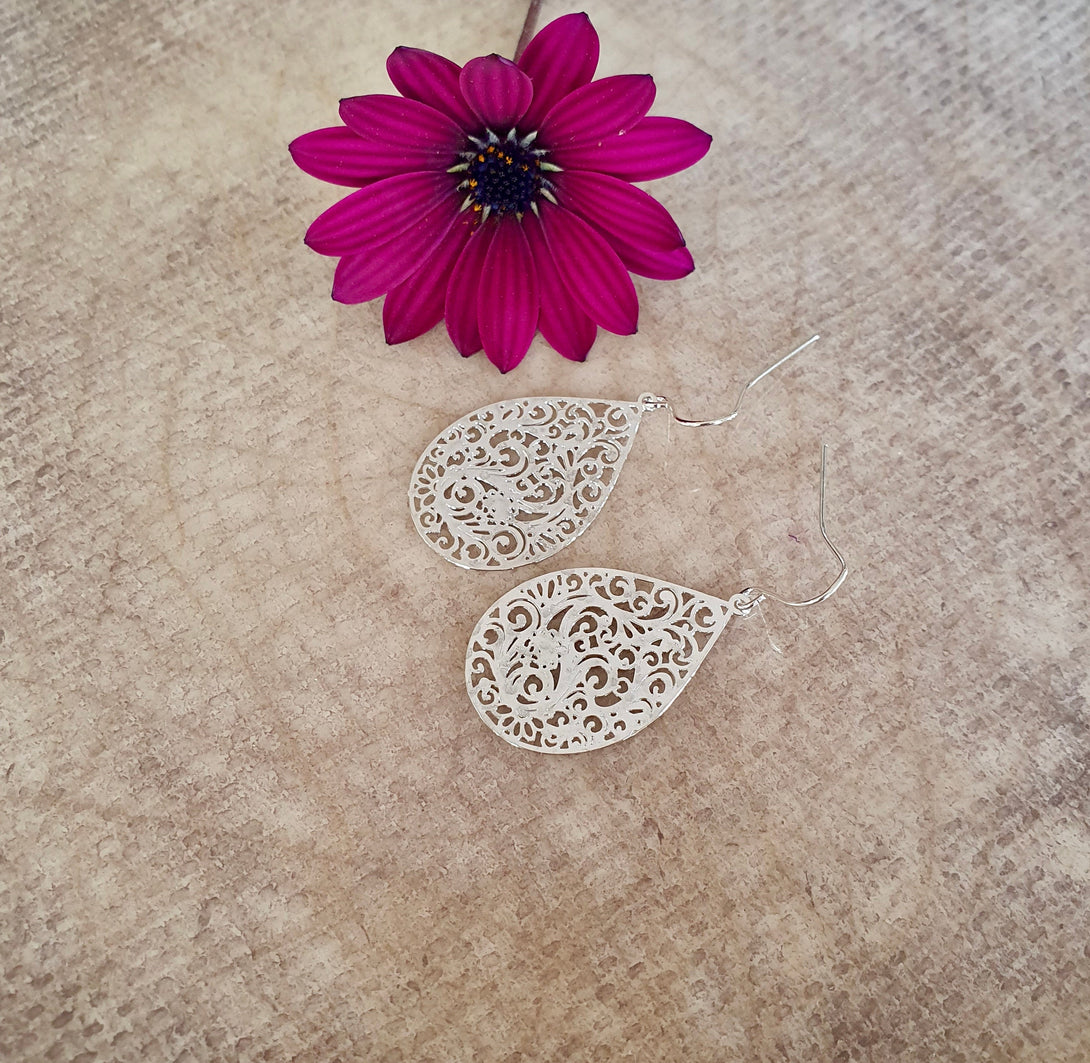 Filigree Floral Drop Earrings, Light, Delicate Hammered Metal