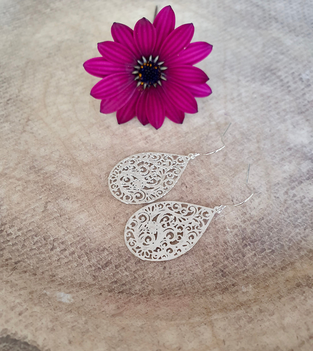 Filigree Floral Drop Earrings, Light, Delicate Hammered Metal