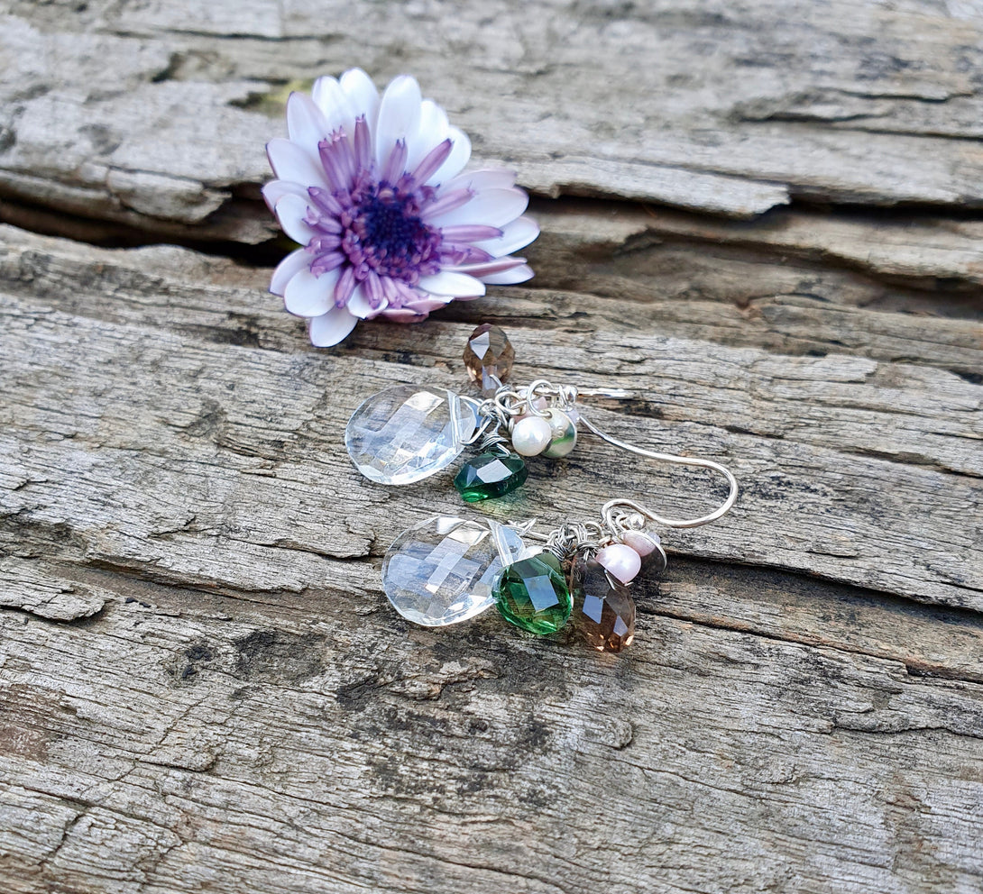 Sterling Silver Crystal Cluster Earrings, Wire Wrap Jewellery