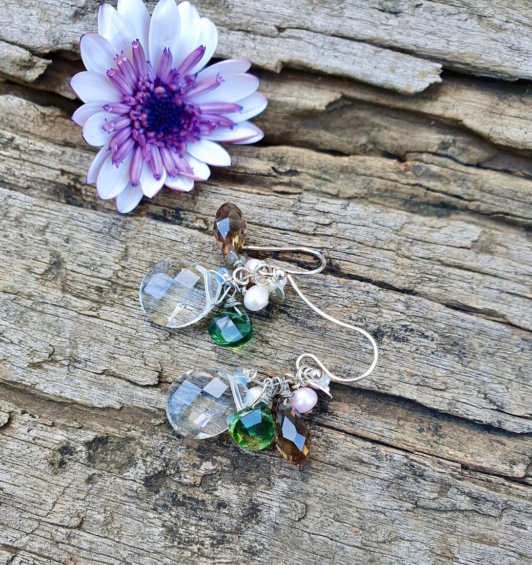 Sterling Silver Crystal Cluster Earrings, Wire Wrap Jewellery