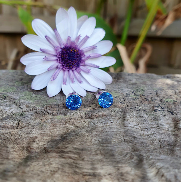 Blue Austrian Crystal Stud Earrings In Sterling Silver