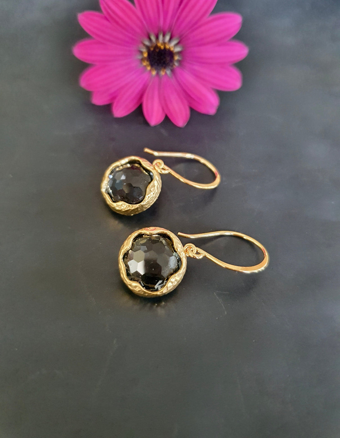 Gold Charcoal, Checker Board, Bezel Set Earrings