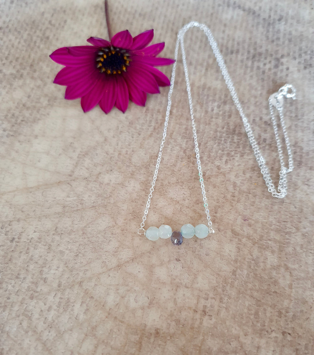 Aquamarine And Iolite Dainty Bar Necklace, March Birthstone Jewellery