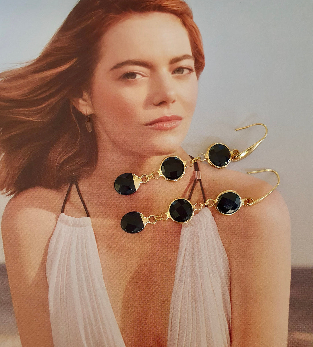 Gold Onyx Drop Earrings, Birthstone Jewellery