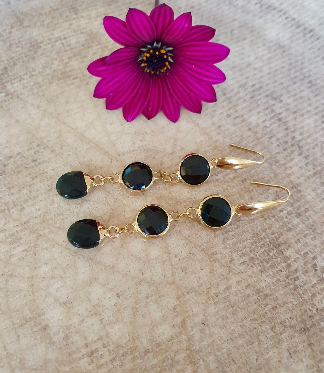 Gold Onyx Drop Earrings, Birthstone Jewellery