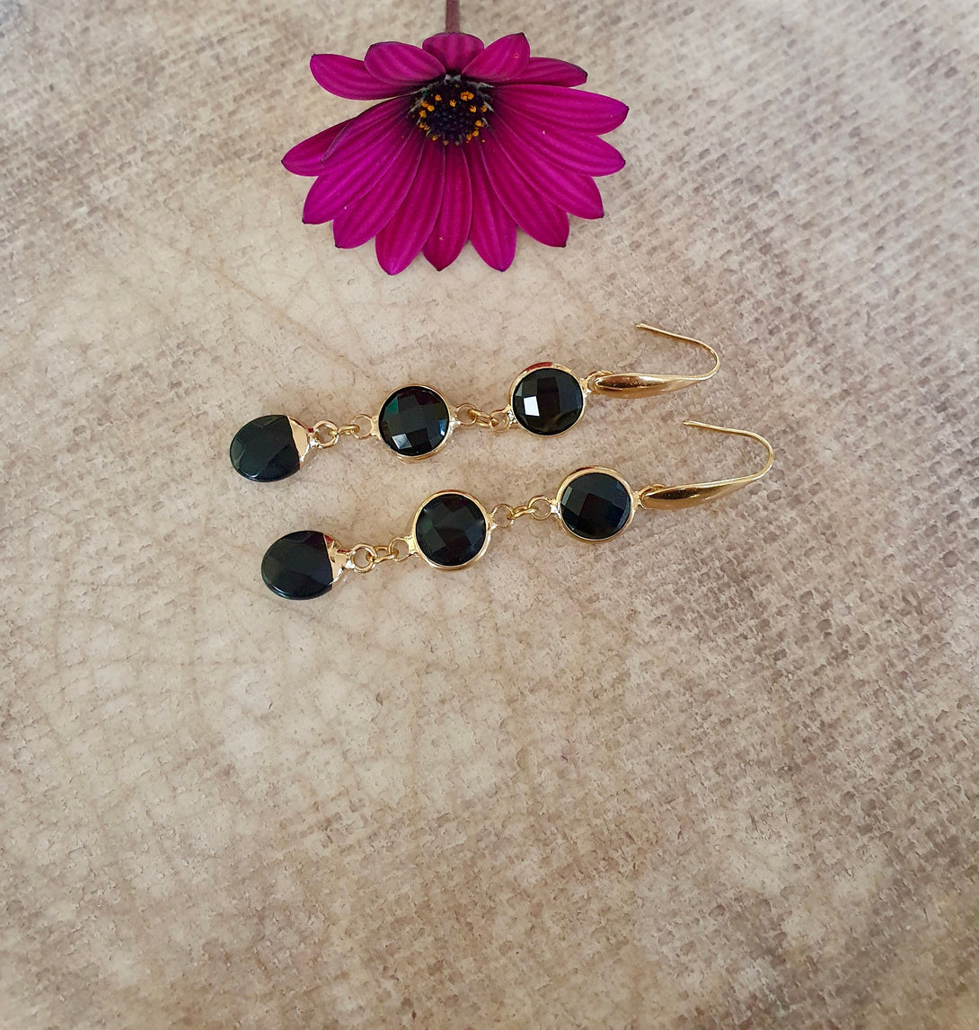 Gold Onyx Drop Earrings, Birthstone Jewellery