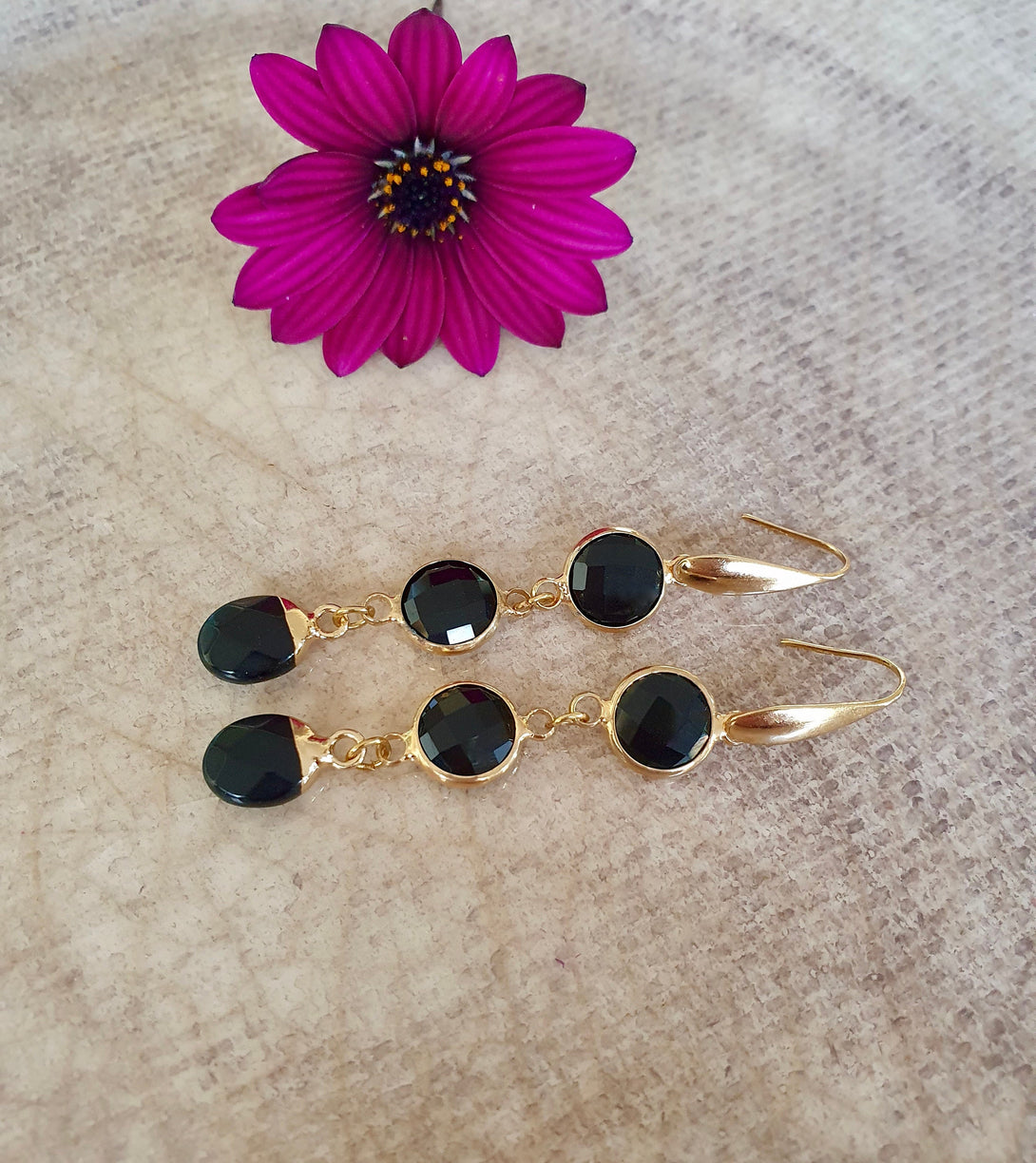 Gold Onyx Drop Earrings, Birthstone Jewellery