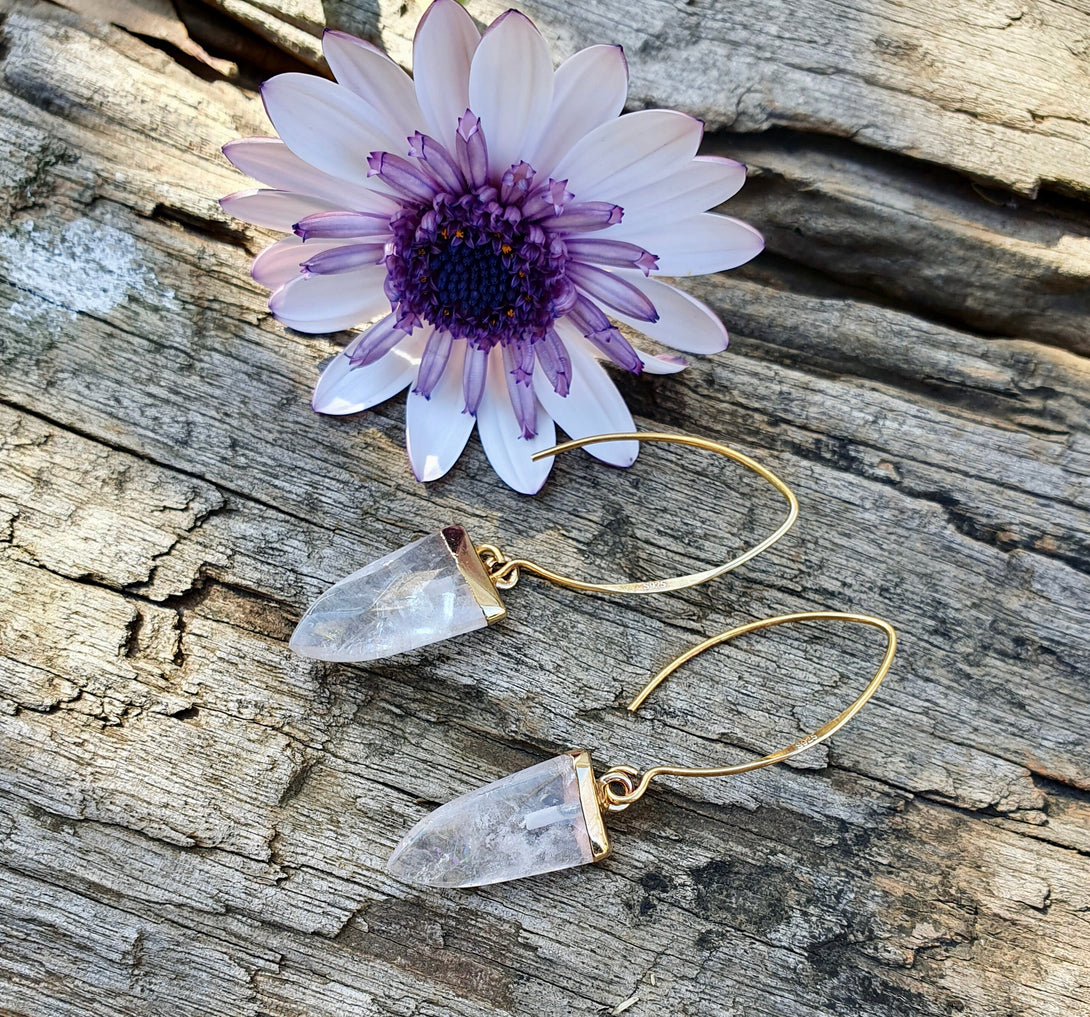 Clear Quartz Arrow Point Drop Earrings In Gold