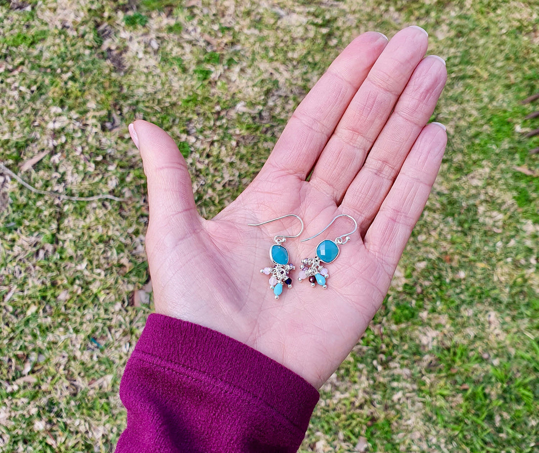 Aquamarine Gemstone Cluster Earrings, March Birthstone Jewellery