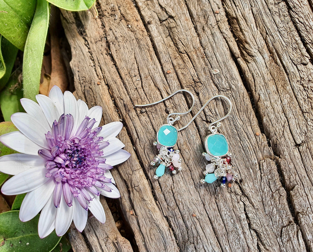 Aquamarine Gemstone Cluster Earrings, March Birthstone Jewellery