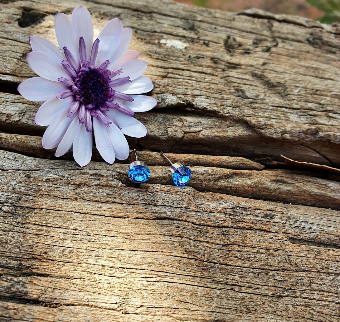 Blue Austrian Crystal Stud Earrings In Sterling Silver