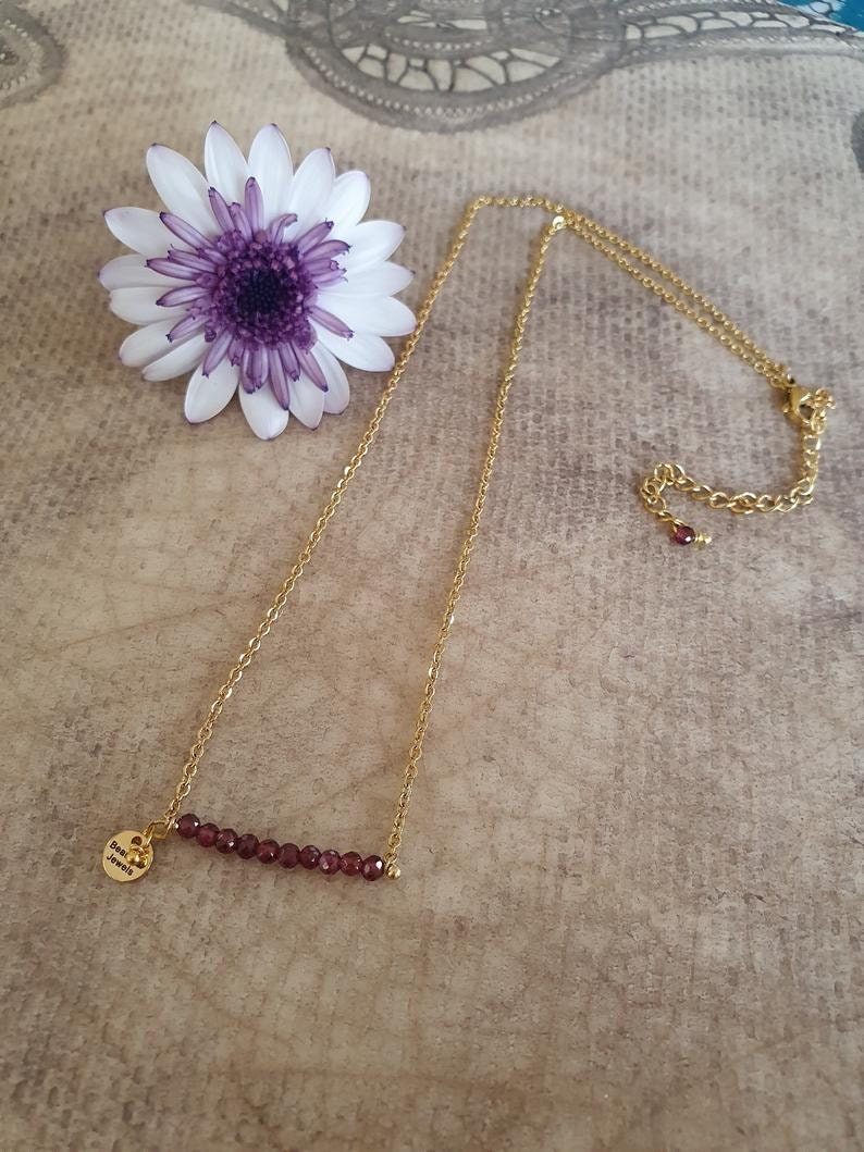 Mini Garnet Gemstone Bar Necklace, January Birthstone And Symbolic Jewellery