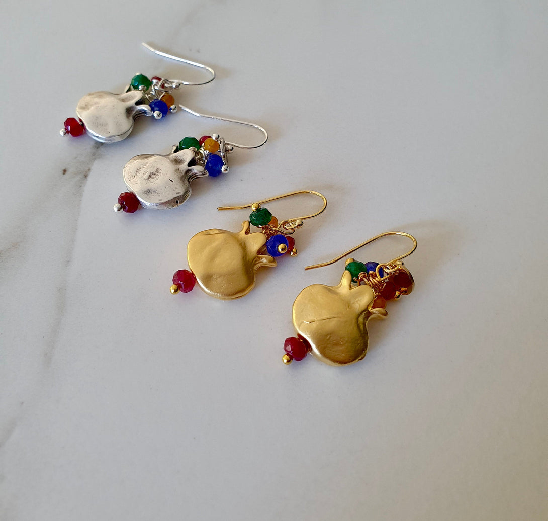 Pomegranate Earrings With Sapphire, Ruby And Emeralds, May, July And September Birthstone Jewellery