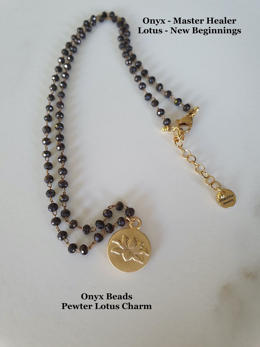 Dainty Onyx And Lotus Necklace, Inspirational Birthstone Jewellery