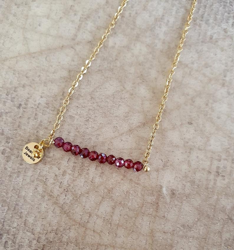 Mini Garnet Gemstone Bar Necklace, January Birthstone And Symbolic Jewellery