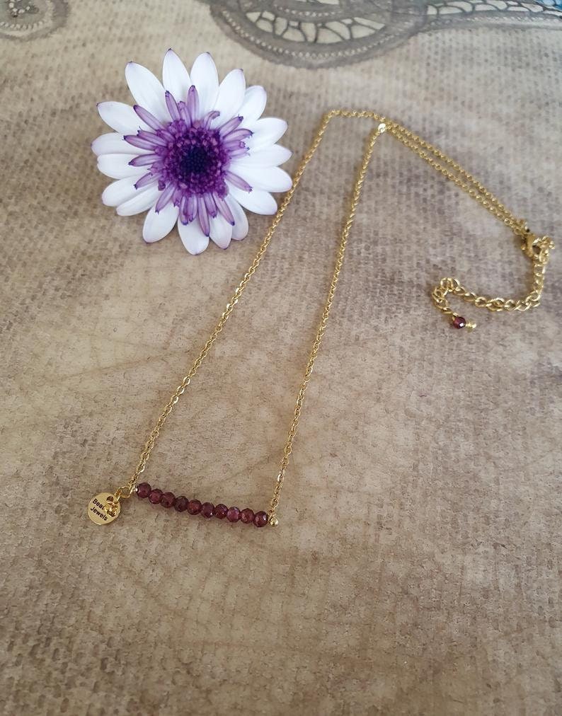 Mini Garnet Gemstone Bar Necklace, January Birthstone And Symbolic Jewellery