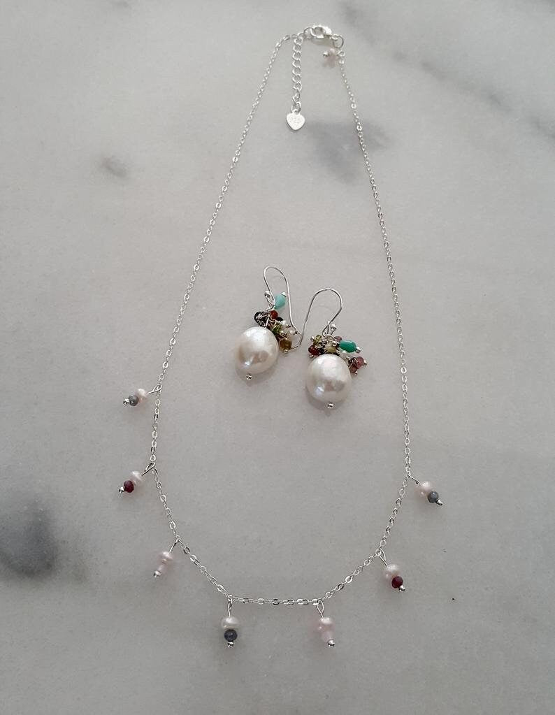 Pearl And Gemstone Jingle Necklace, June Birthstone Jewellery