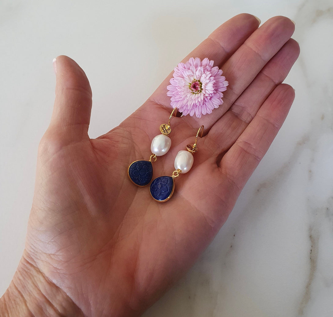 Carved Gemstone And Pearl Drop Earrings, Lapis Lazuli Flower Carving, June And September Birthstone Jewellery