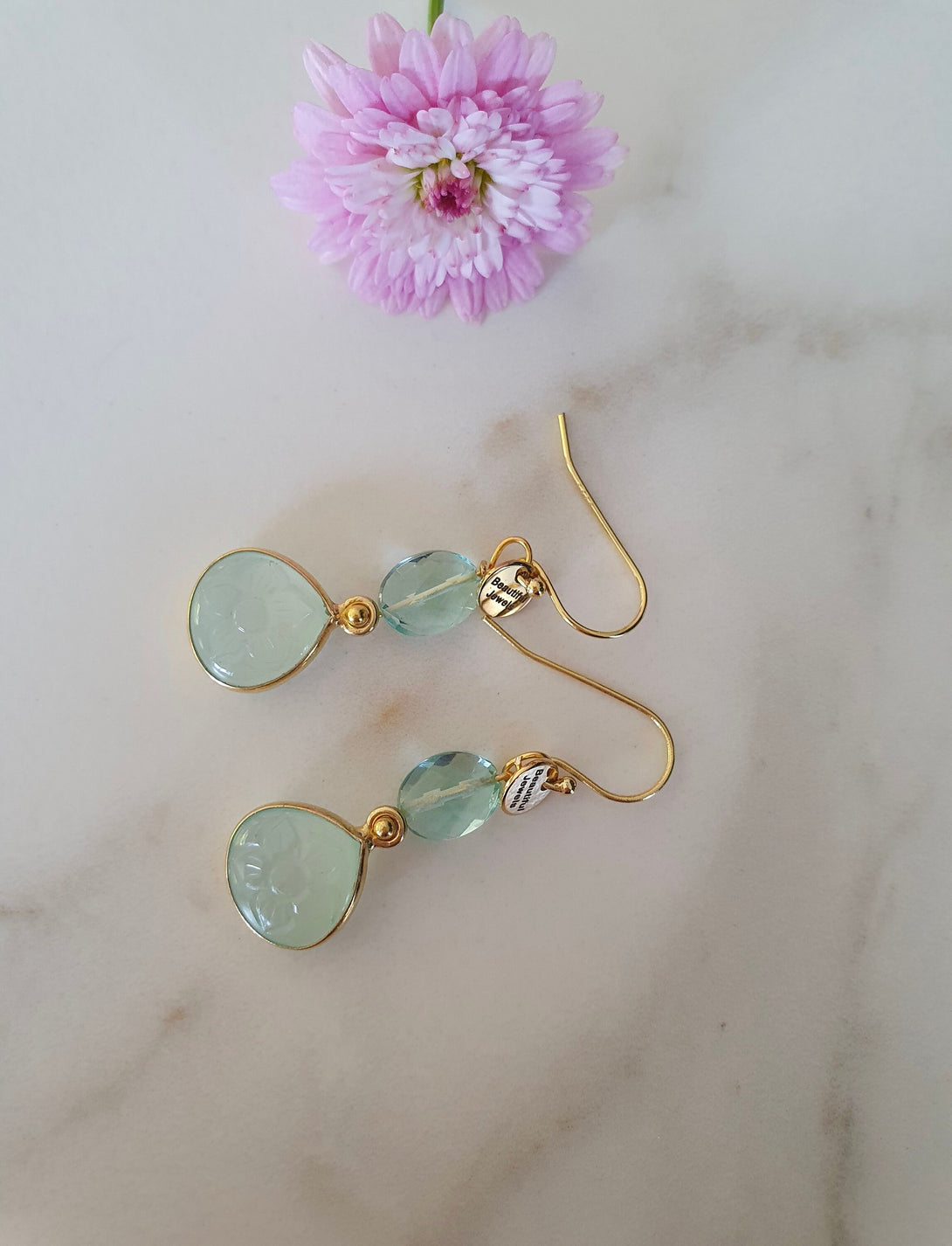 Carved Aqua Chalcedony and Green Amethyst Earrings, Symbolic Birthstone Jewellery